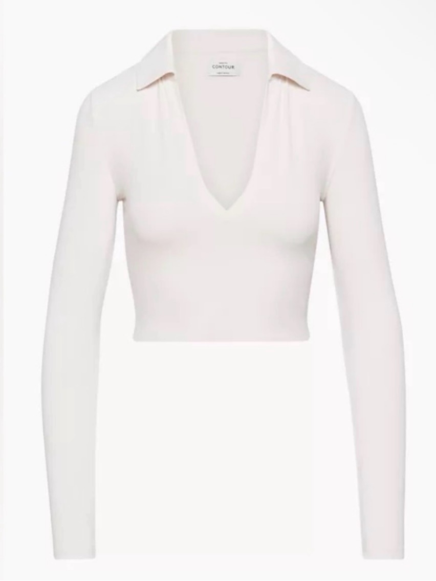 Babaton Aritzia Contour Luxe Polo In Soft Cream Long Sleeve Nwt Deep V